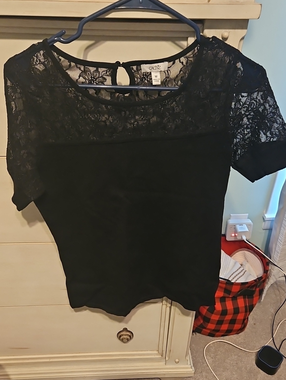 Cache Black Lace Yoke Short Sleeve Blouse